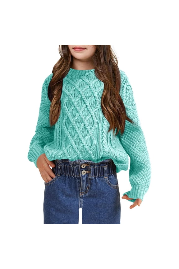 Girls Long Sleeve Cable Knit Sweater Crewneck Pullover Sweaters Kids Chunky Cute Fall Jumper Tops