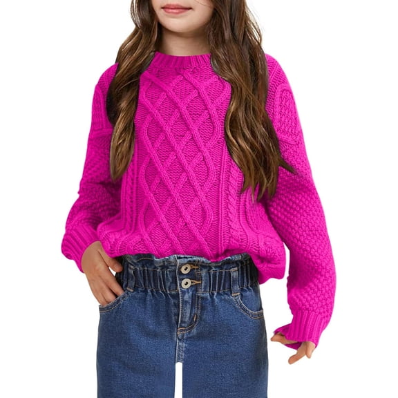 Girls Long Sleeve Cable Knit Sweater Crewneck Pullover Sweaters Kids Chunky Cute Fall Jumper Tops