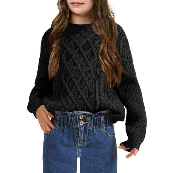 Girls Long Sleeve Cable Knit Sweater Crewneck Pullover Sweaters Kids Chunky Cute Fall Jumper Tops