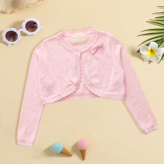 Girls' Long Sleeve Cardigan, Solid Color Open Front Knit Top with Lace Trim and Single Bow Detail, Lightweight Layer for Spring and Summer, Perfect for Party, School, and Casual Chic Outfits - Pink
