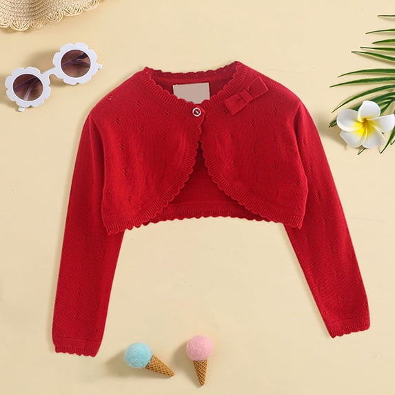 Girls' Long Sleeve Cardigan, Solid Color Open Front Knit Top with Lace Trim and Single Bow Detail, Lightweight Layer for Spring and Summer, Perfect for Party, School, and Casual Chic Outfits - Red