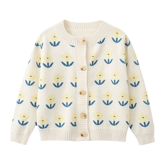 Girls' Long Sleeve Cardigans Lightweight Crewneck Sweater Classic Button-Up School Uniform Cute Flower Embroidery Knit Jacket