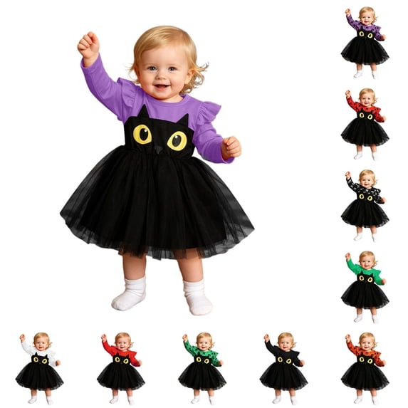 Girls Long Sleeve Cat Eye Print Mesh Dress Halloween Princess Tutu Gown for Toddler Kids Fall Everyday Wear