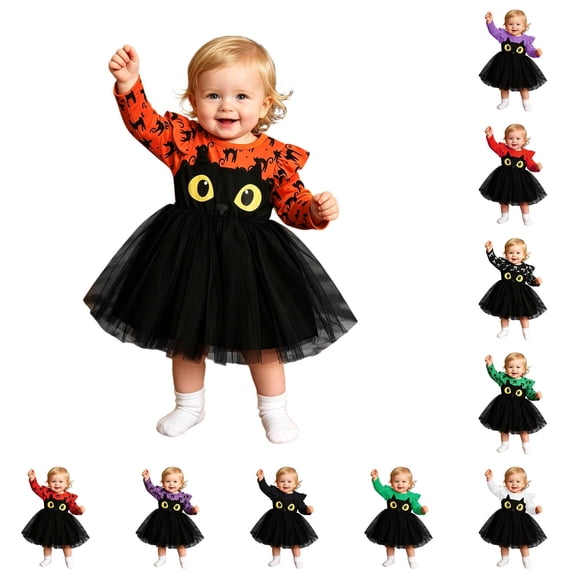 Girls Long Sleeve Cat Print Mesh Dress Halloween Princess Tutu Gown for Toddler Kids Fall Everyday Wear