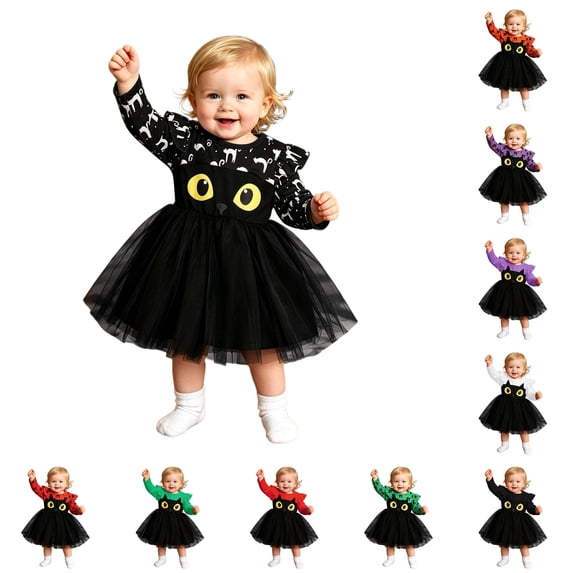 Girls Long Sleeve Cat Print Mesh Dress Halloween Princess Tutu Gown for Toddler Kids Fall Everyday Wear