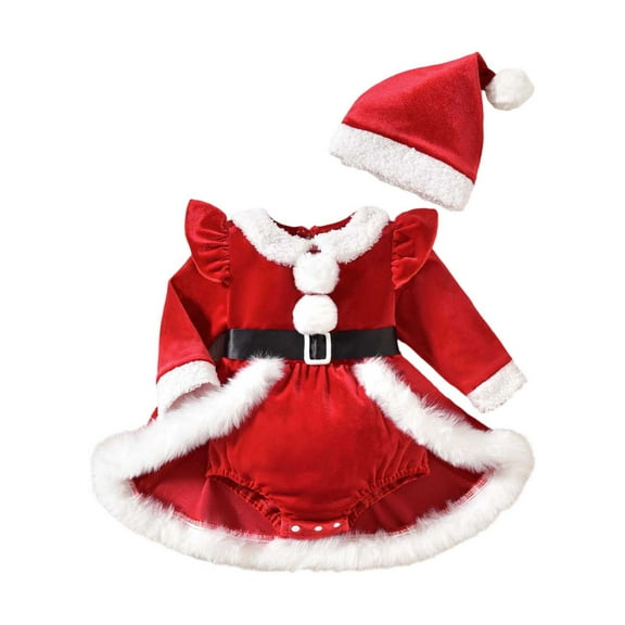Girls Long Sleeve Christmas Romper Bodysuits Dress Hat Set