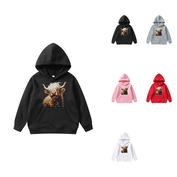 Girls Long Sleeve Cow Print Hooded Sweatshirt, Soft Casual Pullover with Front Pocket for Kids Teens 5-14 Years