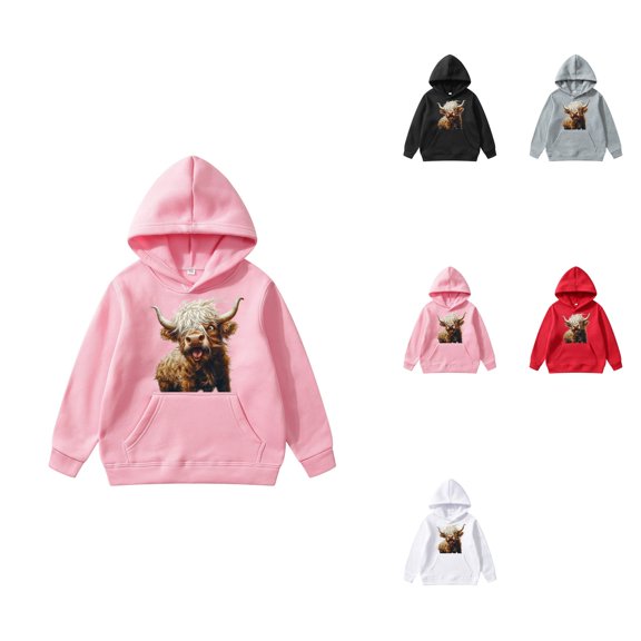 Girls Long Sleeve Cow Print Hooded Sweatshirt, Soft Casual Pullover with Front Pocket for Kids Teens 5-14 Years