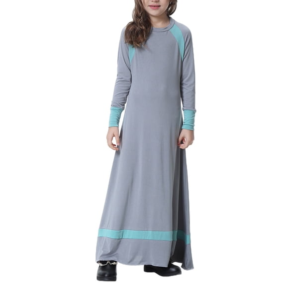 Girls Long Sleeve Crew Neck Dress, Solid Color Maxi Dress for Kids, Comfortable Everyday Casual Wear, Loose Fit Stretchy Dress for School and Play Grey M