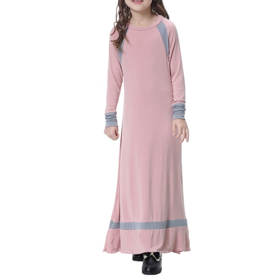 Girls Long Sleeve Crew Neck Dress, Solid Color Maxi Dress for Kids, Comfortable Everyday Casual Wear, Loose Fit Stretchy Dress for School and Play Pink L