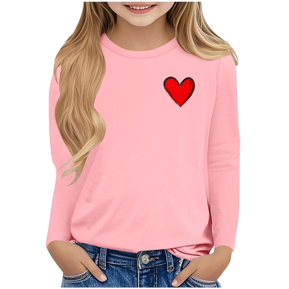 Girls Long Sleeve Crew Neck T-Shirt - Hot Pink with Red Heart Print, Soft Stretch 95% Polyester 5% Spandex Casual Everyday Wear for Girls 3-13 Years,Size 5-6 T
