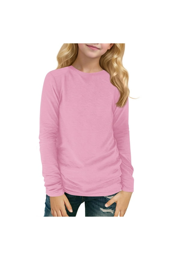Girls Long Sleeve Crew Neck T-Shirt Soft Cotton Jersey Classic Fit Plain Pullover Top for Everyday Wear School Layering