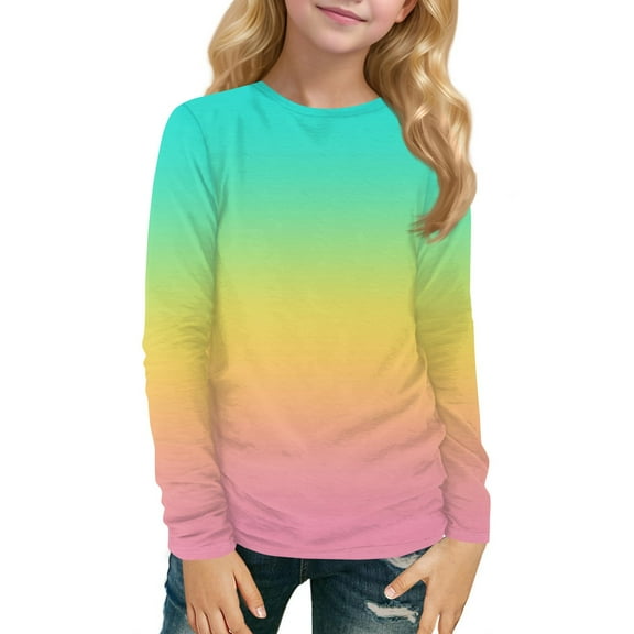 Girls Long Sleeve Crewneck Gradient Print Casual Pullover Top Soft Lightweight Comfortable Shirt for Daily Wear School