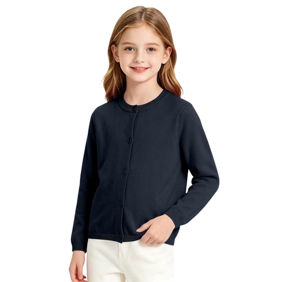 Girls Long Sleeve Crewneck Knit Cardigan Button Front Solid Sweater Top for Kids Back to School Uniform Layering Wear Black 9-10 Years