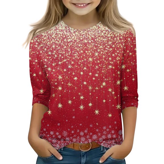Girls Long Sleeve Crewneck Pullover Top with Festive Hanging Ornament Print for Holiday and Everyday Wear