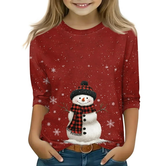 Girls Long Sleeve Crewneck Pullover Top with Festive Hanging Ornament Print for Holiday and Everyday Wear