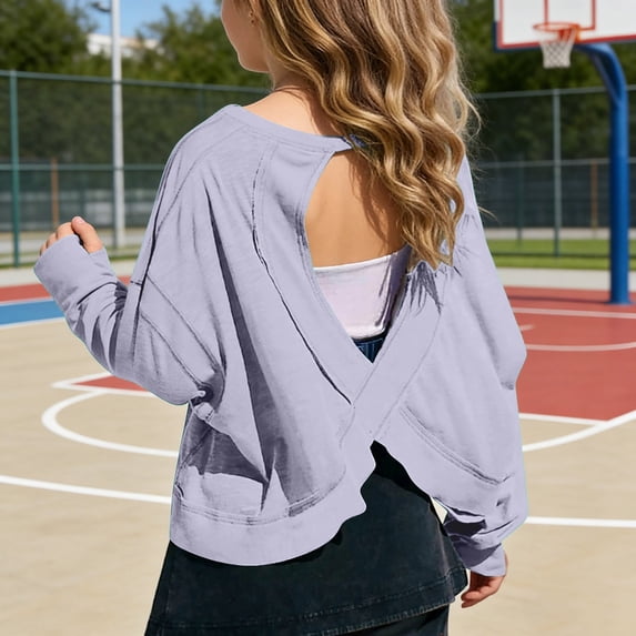 Girls Long Sleeve Crop Tops, Kids Back Criss‑Cross Cutout Casual Shirts, Loose Raglan Sleeve Solid Color Tees for Little Girls Daily Back To School Sport Wear