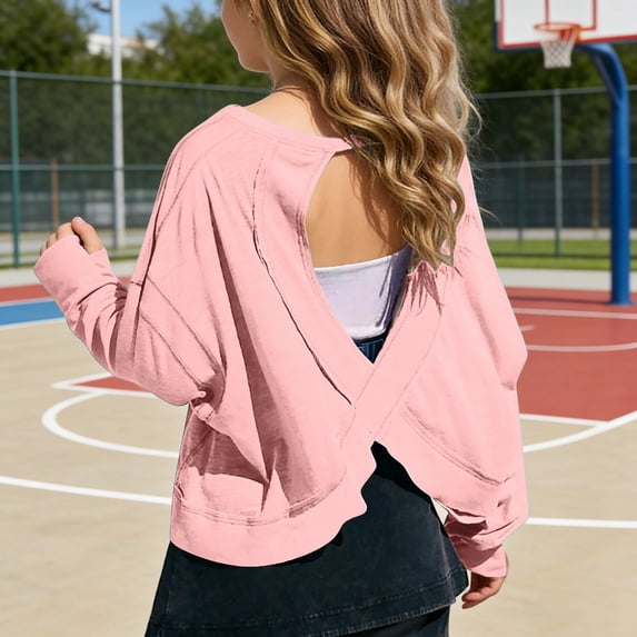 Girls Long Sleeve Crop Tops, Kids Back Criss‑Cross Cutout Casual Shirts, Loose Raglan Sleeve Solid Color Tees for Little Girls Daily Back To School Sport Wear