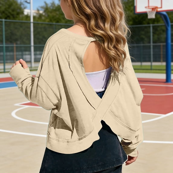 Girls Long Sleeve Crop Tops, Kids Back Criss‑Cross Cutout Casual Shirts, Loose Raglan Sleeve Solid Color Tees for Little Girls Daily Back To School Sport Wear