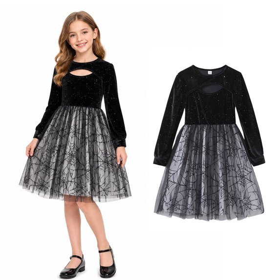 Girls Long Sleeve Cut out Dresses Tutu Tulle Dress Halloween Cosplay Halloween Outfit Girls Size 7-12 Years