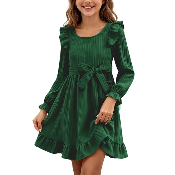 Girls Long Sleeve Cute Dresses Fall Spring Ruffled Semi Formal Dress Crew Neck Aline Casual Dress Green, Size 9 Y