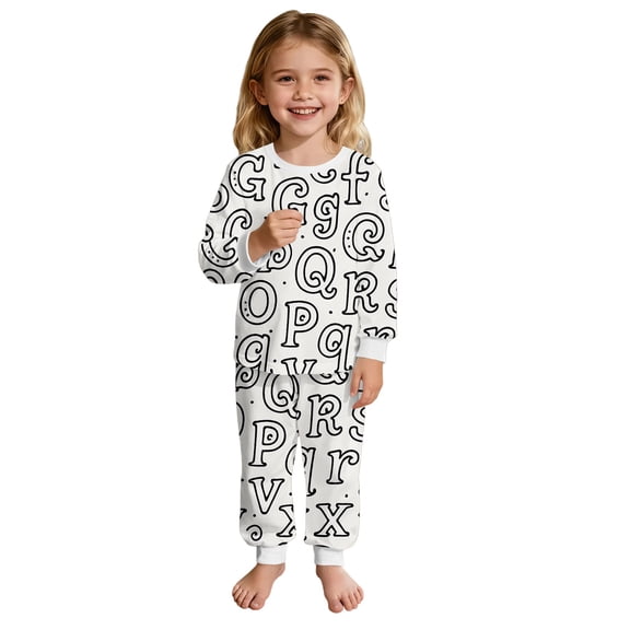 Girls Long Sleeve Doodle Print Pajama Set Two Piece Loungewear Soft Sleepwear Nightwear for Toddlers and Kids Comfortable Play Outfit,Color:White,Size:2-3 Years