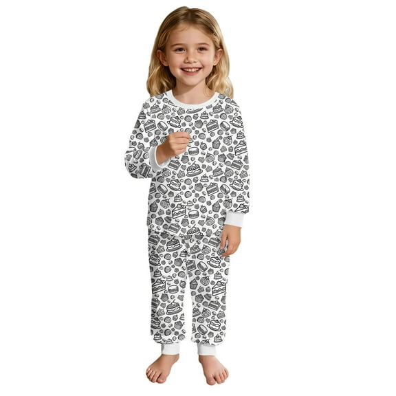 Girls Long Sleeve Doodle Print Pajama Set Two Piece Loungewear Soft Sleepwear Nightwear for Toddlers and Kids Comfortable Play Outfit,Color:White,Size:3-4 Years