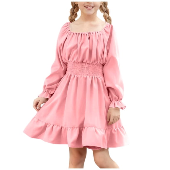 Girls Long Sleeve Dress Fashion Square Neck Casual A Line Dresses Vacation Beach Sundress for Girls Size 4-13