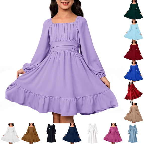 Girls Long Sleeve Dress Kids Square Neckline Purple Dress Flowy Gentle Elegant Waistline A Line Dresses 8-9 Years