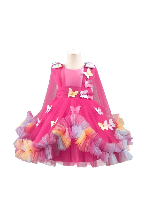 Girls Long Sleeve Dress Pageant Princess Tulle Dress for Kid Tiered Birthday Party Wedding Bridesmaid Flower Girl Dresses Red 8-9 Years