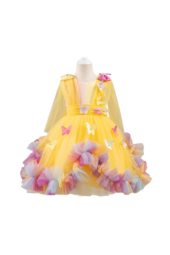 Girls Long Sleeve Dress Pageant Princess Tulle Dress for Kid Tiered Birthday Party Wedding Bridesmaid Flower Girl Dresses Yellow 4-5 Years
