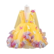 Girls Long Sleeve Dress Pageant Princess Tulle Dress for Kid Tiered Birthday Party Wedding Bridesmaid Flower Girl Dresses Yellow 6-7 Years