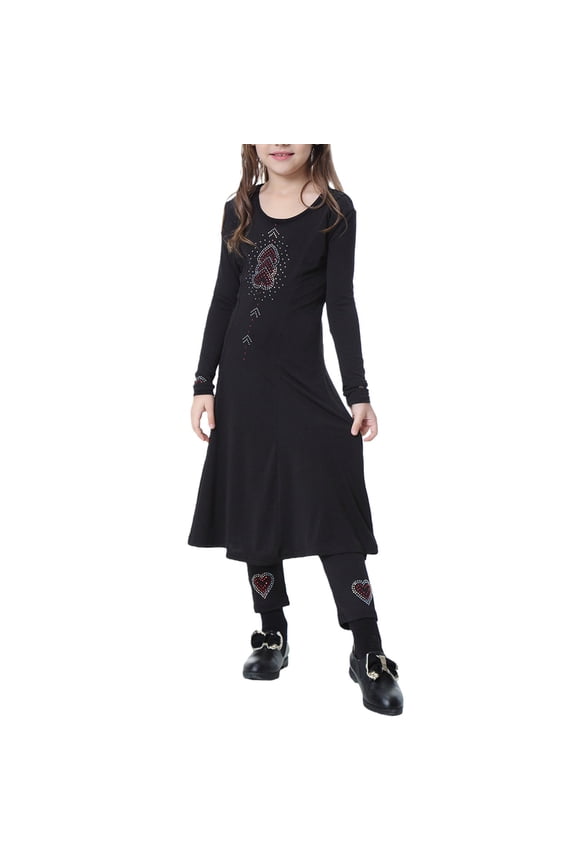 Girls Long Sleeve Dress and Pants Set, Slim Fit Two-Piece Outfit for Kids, Toddler Matching Dress Set with Leggings, Casual Coordinated Outfit for School and Play Black XXL