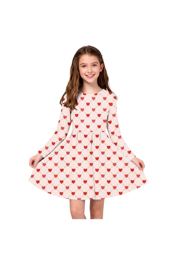 Girls Long Sleeve Dress, Rose Gold Red Heart Print Fit-and-Flare, Soft Stretchy for Ages 4-14,Size 9-10 T
