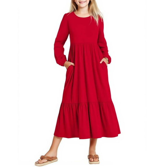 Girls' Long Sleeve Dress Ruffle Tiered Maxi Dress Party Christmas Outfits Cotton Red Dresses Fall Winter Clothes (5-6 Years, Red)