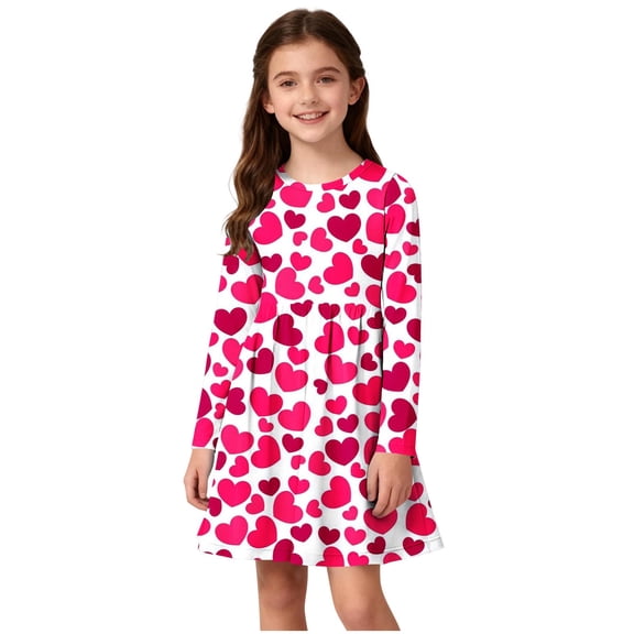 Girls Long Sleeve Dress Valentine's Day Stretchy A Line Dress Heart Graphic Round Neck Casual Dresses Size 4-14