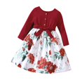 thumbnail image 1 of Girls Long Sleeve Dress with Bowknot Belt Patchwork Floral Print Button Crewneck Casual Trendy Party Dress (8-10 Years, Red), 1 of 6