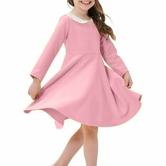 Girls Long Sleeve Dresses 2-12 Years Toddlers Kids Cute Doll-Collar Solid Color A-Line Loose Comfort School Uniform Midi Dress
