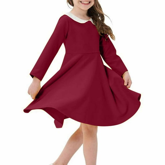 Girls Long Sleeve Dresses 2-12 Years Toddlers Kids Cute Doll-Collar Solid Color A-Line Loose Comfort School Uniform Midi Dress