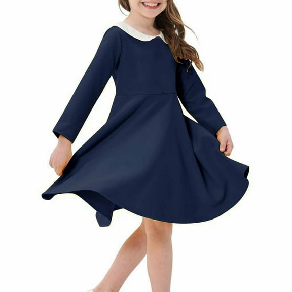 Girls Long Sleeve Dresses 2-12 Years Toddlers Kids Cute Doll-Collar Solid Color A-Line Loose Comfort School Uniform Midi Dress