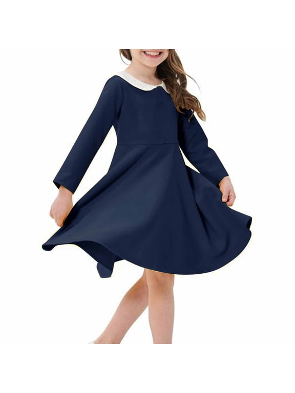 Girls Long Sleeve Dresses 2-12 Years Toddlers Kids Cute Doll-Collar Solid Color A-Line Loose Comfort School Uniform Midi Dress