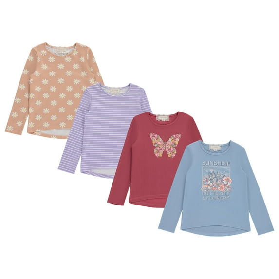 Girls Long Sleeve Fall Graphic Tops, School & Sports Tees, 4 Pack Multiple Pattern Tshirts, MAUVE,10/12