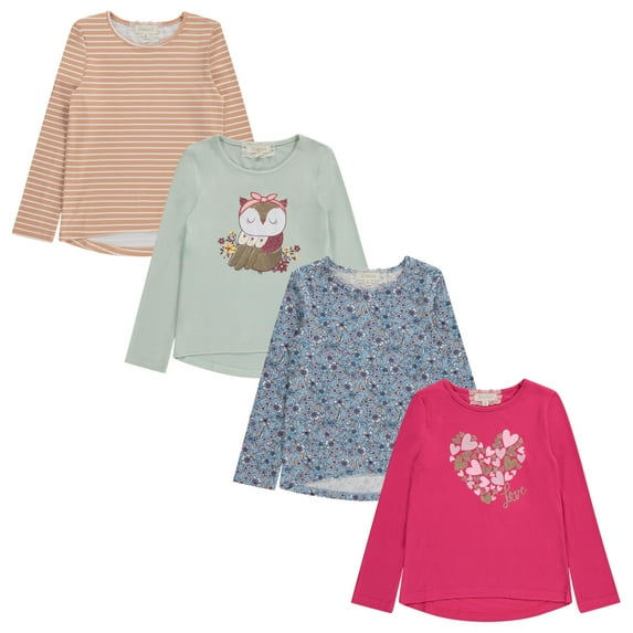 Girls Long Sleeve Fall Graphic Tops, School & Sports Tees, 4 Pack Multiple Pattern Tshirts, RASP ,14/16