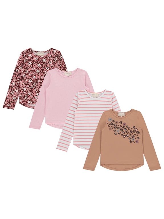 Girls Long Sleeve Fall Graphic Tops, School Sports Tees, 4 Pack Multiple Pattern Tshirts