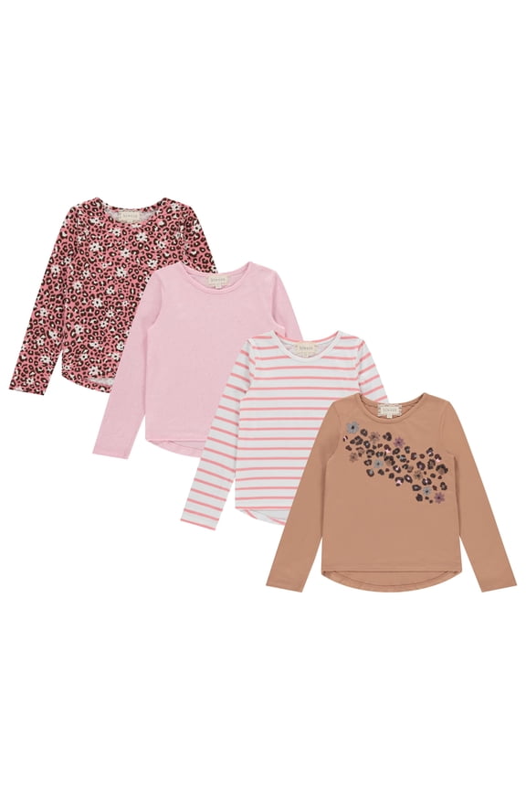 Girls Long Sleeve Fall Graphic Tops, School Sports Tees, 4 Pack Multiple Pattern Tshirts