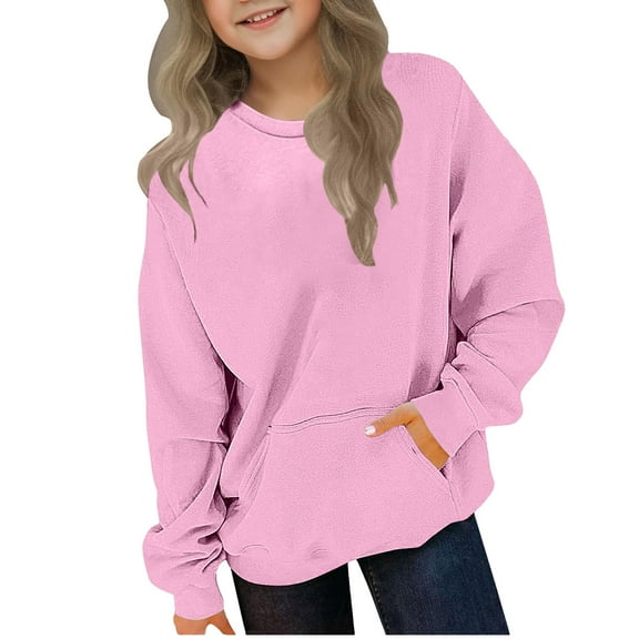 Girls Long Sleeve Fleece Sweatshirts Kids Casual Crewneck Loose Fit Pullover Fall Basic Shirts Outfits with Pockets 2-12 Years