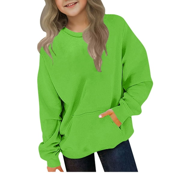 Girls Long Sleeve Fleece Sweatshirts Kids Casual Crewneck Loose Fit Pullover Fall Basic Shirts Outfits with Pockets 2-12 Years