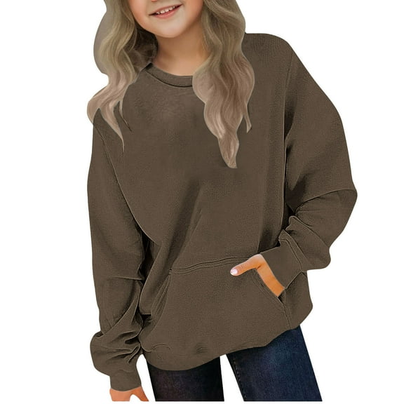 Girls Long Sleeve Fleece Sweatshirts Kids Casual Crewneck Loose Fit Pullover Fall Basic Shirts Outfits with Pockets 2-12 Years