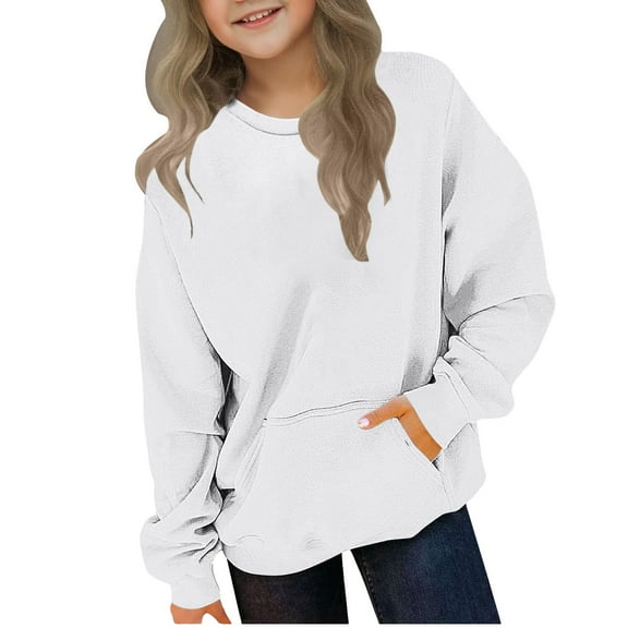 Girls Long Sleeve Fleece Sweatshirts Kids Casual Crewneck Loose Fit Pullover Fall Basic Shirts Outfits with Pockets 2-12 Years