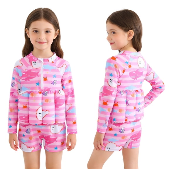 Girls Long Sleeve Float Swimsuit Buoyancy Sticks for Kids Zip up 1 Piece Floating Swim Vest Bathing Suit Swimwear